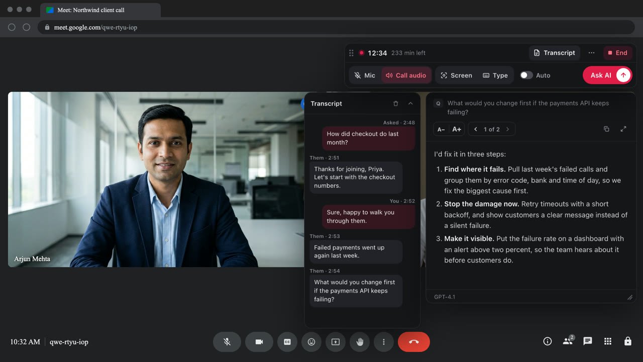 AlphaView on a laptop: a Google Meet call with the AlphaView transcript and answer panel next to it