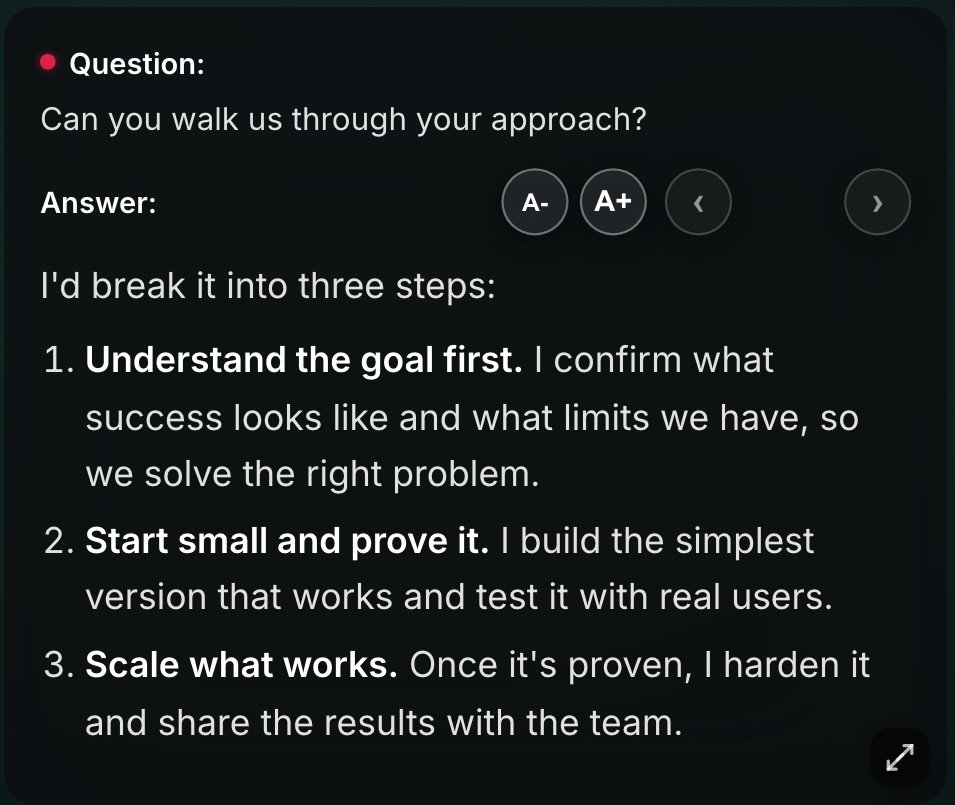 An AlphaView answer on screen: three clear steps, written in first person